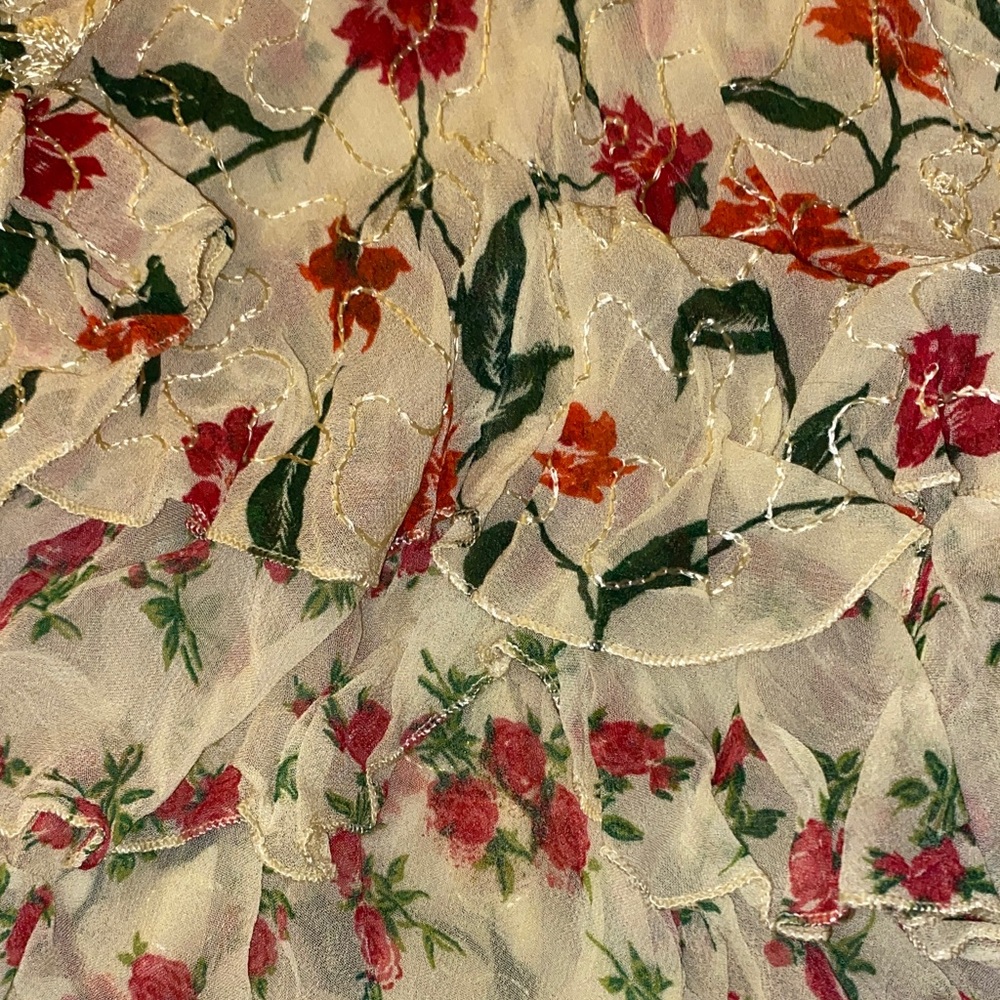 Pale Yellow Embroidered Skirt with Red and Green Floral Accents - Picture 4 of 4